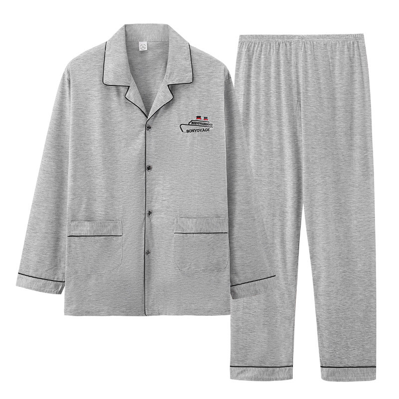 100% pijamas de algodón de manga larga de los hombres sueltos más tamaño aguja pequeño collar inverso joven y de mediana edad de primavera y otoño ropa de casa manga corta tejida