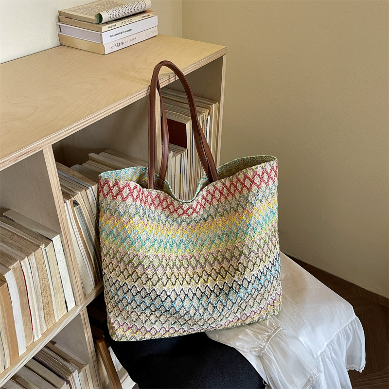 Women's Large Woven Tote Bag Shoulder Bag With Contrast Texture_voghion.com