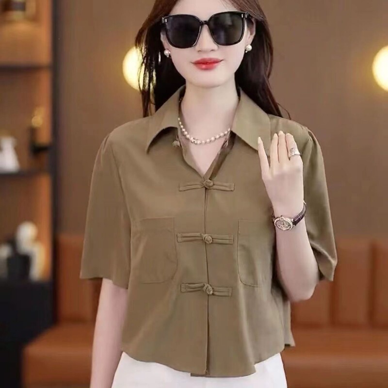 Chinese-style autumn shirt, loose and slimming, versatile shirt with elegant three-quarter sleeves, belly-covering button-up top for women Chinese-style autumn shirt, loose and slimming, versatile shirt with elegant three-quarter sleeves, belly-covering button-up top for women