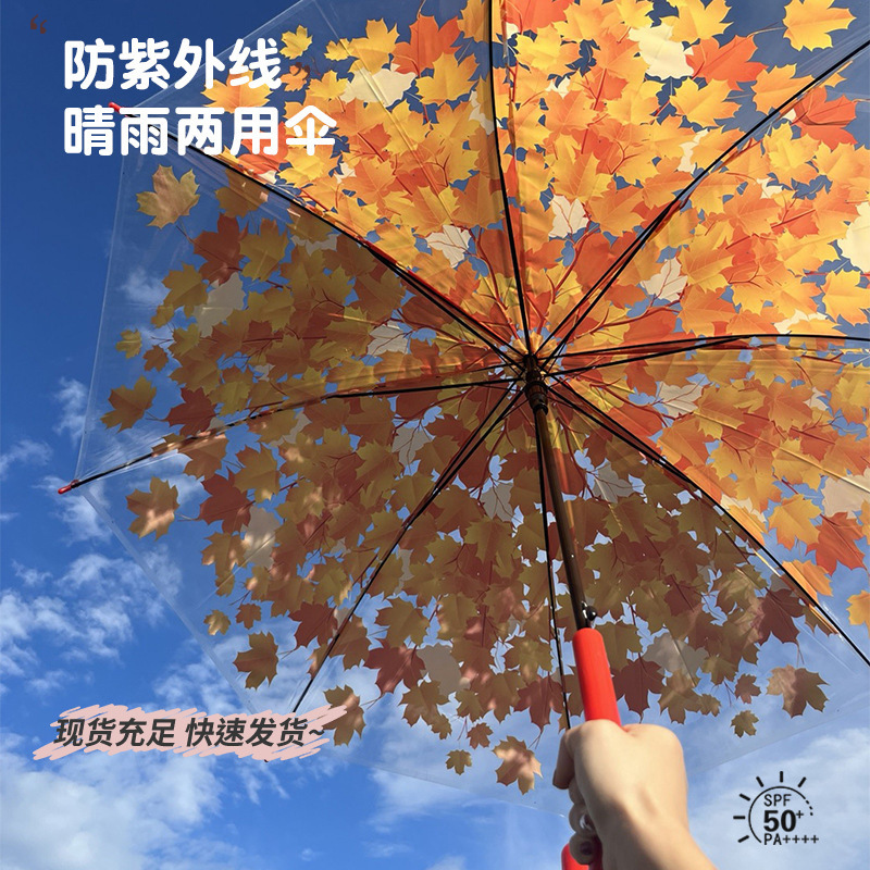 Transparent Maple Leaf Umbrella for Girls High-value Sunny and Rainy Dual-purpose Large Automatic Long-handle Umbrella White Cyber-red Wind-resistant Straight Rod