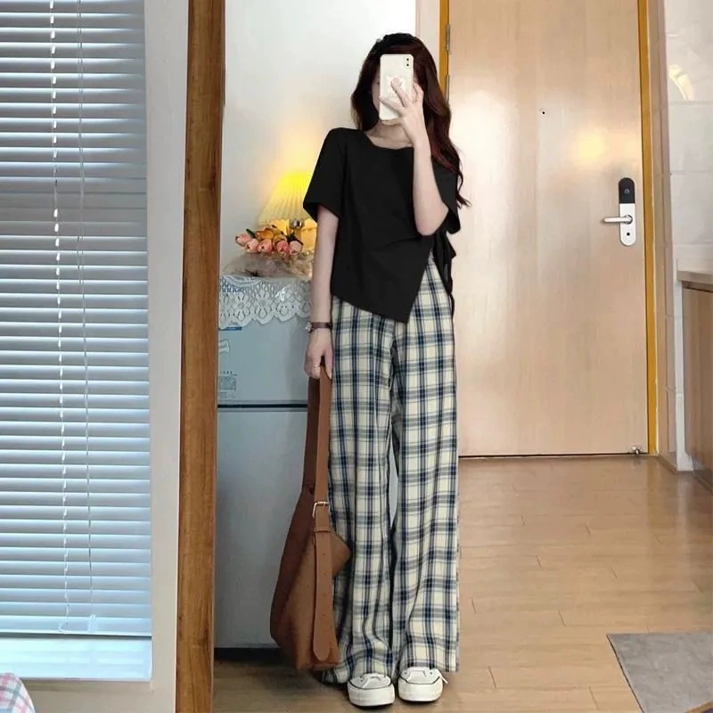 Новый летний женский костюм, закрывающий тело, легкие и зрелые топы с короткими рукавами в солевом стиле, свободные широкие брюки в клетку в стиле ретро, ​​повседневное лето.