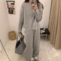 011 慵懒风圆领卫衣卫裤二件套女士毛圈棉纯色休闲宽松套装长裤潮