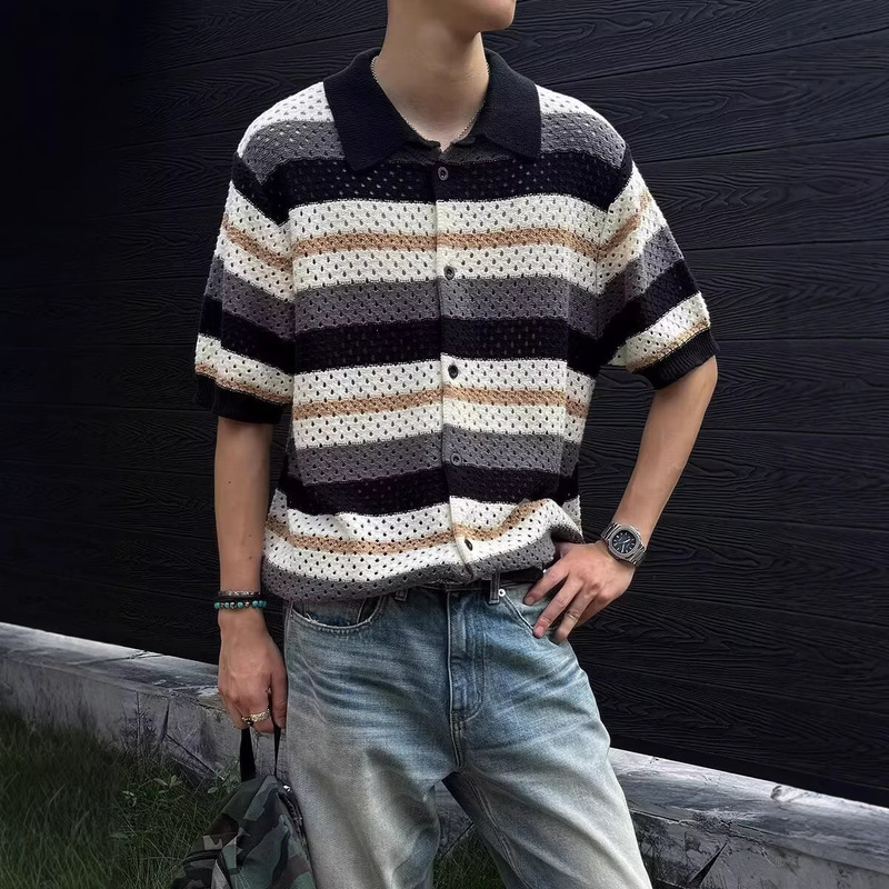 Hollow-Out Striped Design Puff Cotton Knit Short-Sleeve Cardigan for Men, Summer New Aristocratic Old Money Style, Regular Shoulder Boxy Top Hollow-Out Striped Design Puff Cotton Knit Short-Sleeve Cardigan for Men, Summer New Aristocratic Old Money Style, Regular Shoulder Boxy Top
