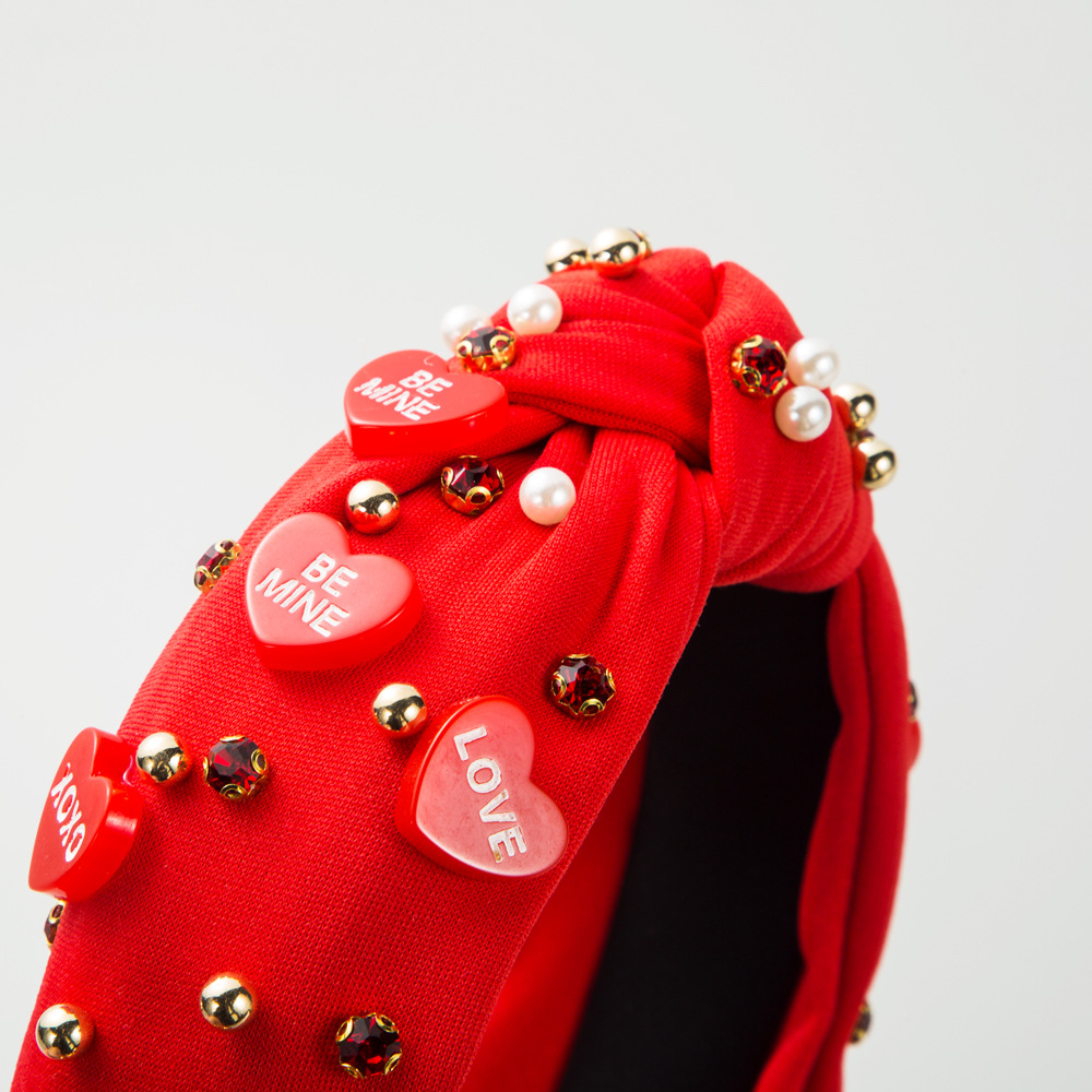 Nuevos accesorios de amor europeos y americanos, diadema, perlas con incrustaciones de diamantes, parte superior del cráneo alto, anudado, accesorios para el cabello del festival del día de San Valentín al por mayor