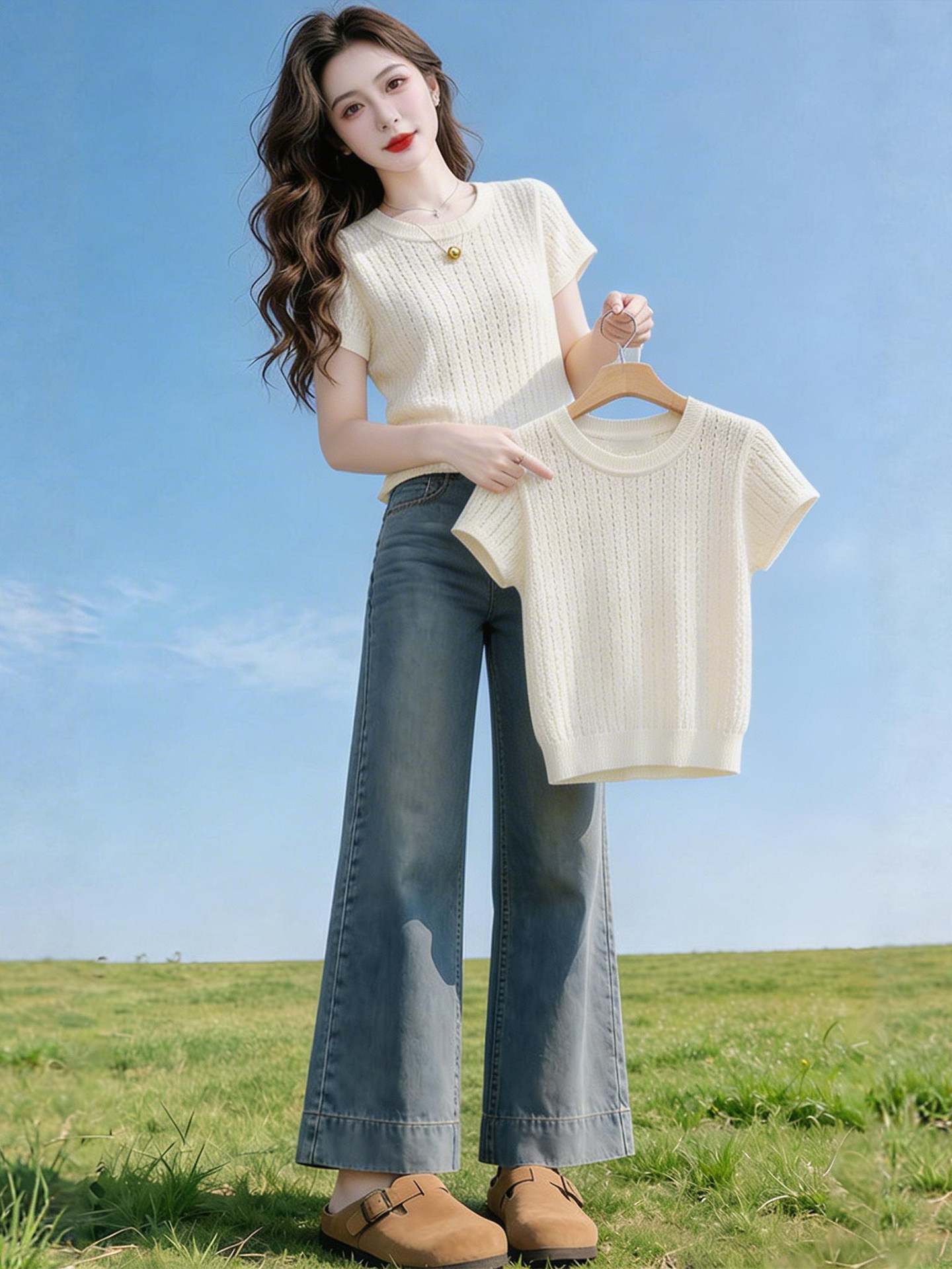 Áo thun tay ngắn dệt kim sợi mát cho nữ, thiết kế cut-out phong cách Pháp — màu đen