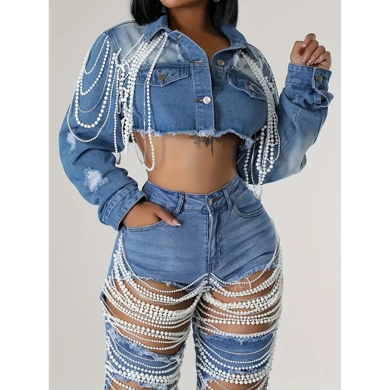 Cross-Border European and American New Style Women's Nightclub Pearl Chain Jacket Denim Coat Fashionable Versatile Top European and American Cross-Border Hot Item