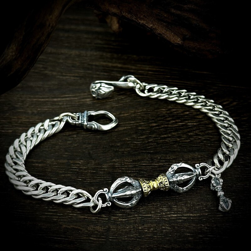 S925 Sterling Silver Vajra Bracelet, Vintage Xizang Ritual Item, Trendy and Unique Heavy-Duty Cuban Chain, Unisex Jewelry S925 Sterling Silver Vajra Bracelet, Vintage Xizang Ritual Item, Trendy and Unique Heavy-Duty Cuban Chain, Unisex Jewelry