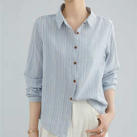 春夏款韩版气质竖条纹翻领衬衫女装长袖宽松开衫宽松polo防晒上衣