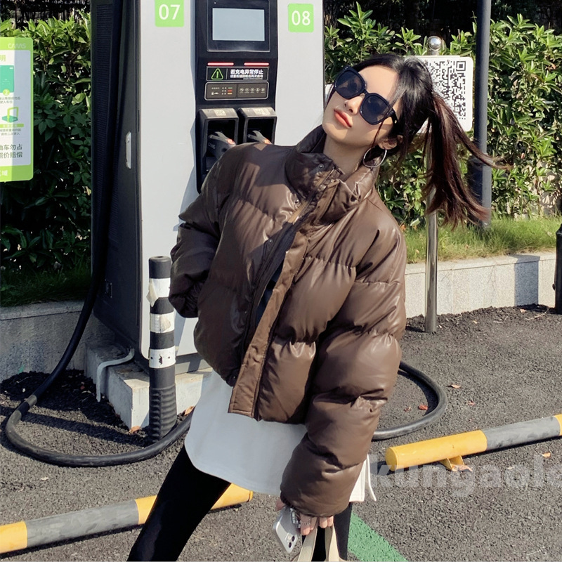 Wash-free pu leather down cotton-padded jacket women's short 2024 new winter thickened stand collar bread clothing small coat