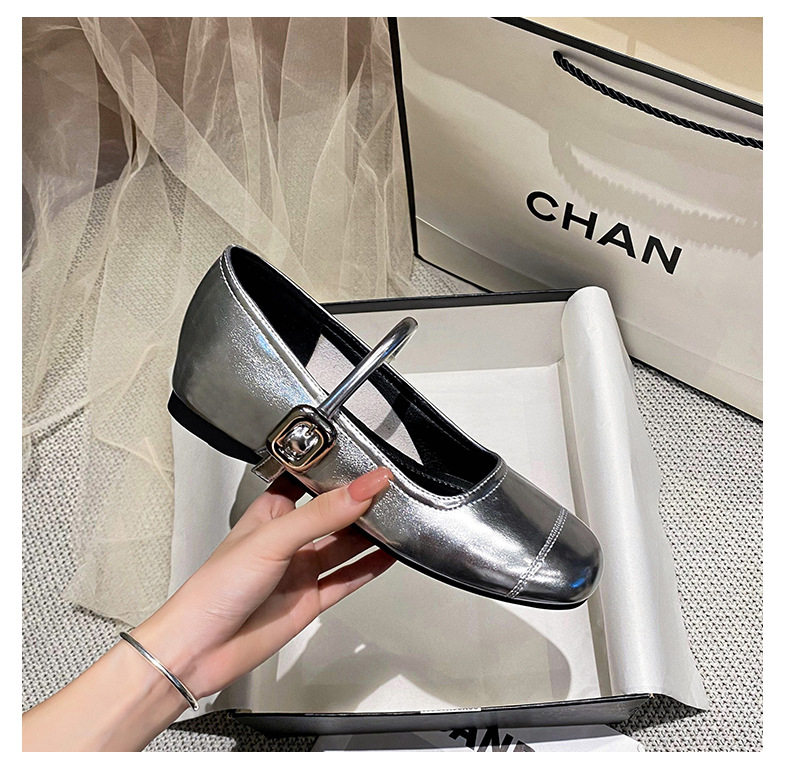 Giày Mary Jane nữ mũi vuông miệng nông, đế bằng mềm, gót trong 3–6 cm — Bạc (kiểu đế bệt), Bạc (tăng bên trong), Màu trắng (kiểu đế bằng), Màu trắng (tăng bên trong) chi tiết 29