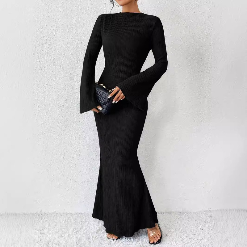 Amazon European and American Style 2025 Autumn and Winter New Women's Fashion Round Neck Flared Long Sleeve Slim Fit Bodycon Dress for Women Amazon European and American Style 2025 Autumn and Winter New Women's Fashion Round Neck Flared Long Sleeve Slim Fit Bodycon Dress for Women