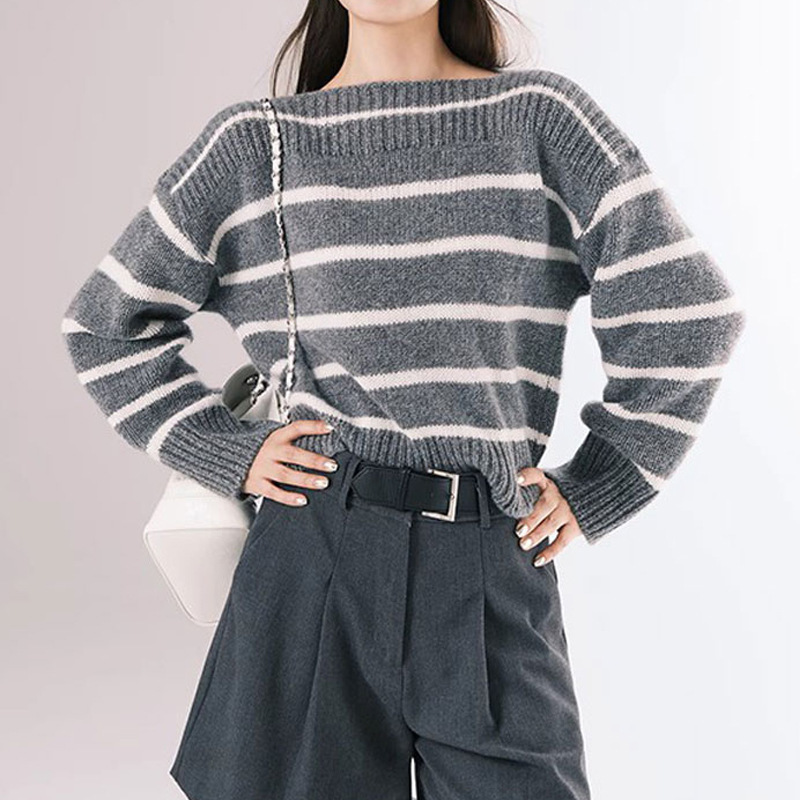 一字领撞色条纹针织衫毛衣秋季女装2024新款套头短款内搭打底衫