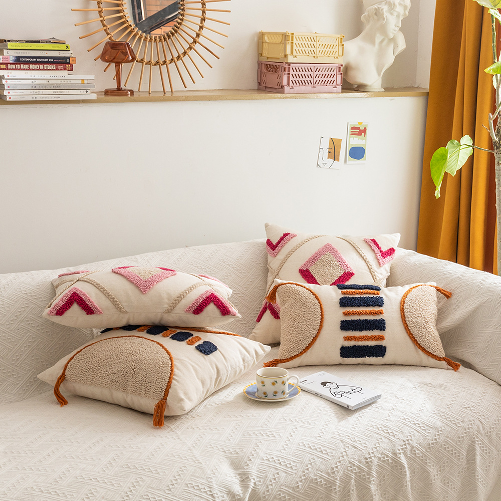 Marokkói stílusú, skandináv stílusú pamutvászon hurok bársony sztereó geometria fürtözött hímzett kanapépárna modellszoba párnahuzat_voghion.com