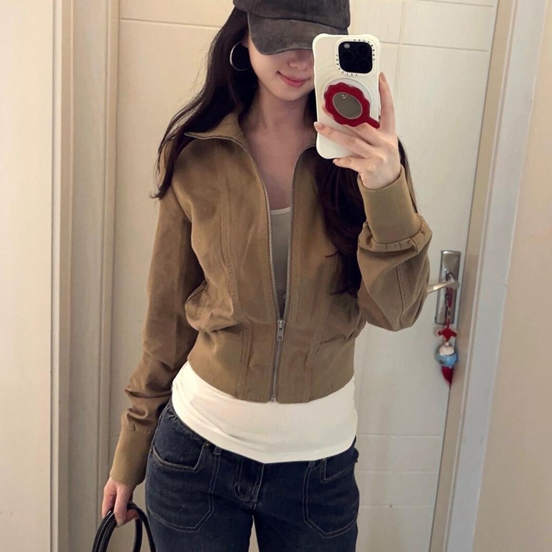 叮叮车美式复古棕色立领夹克外套女早秋季2025新款春秋修身短款拉|undefined