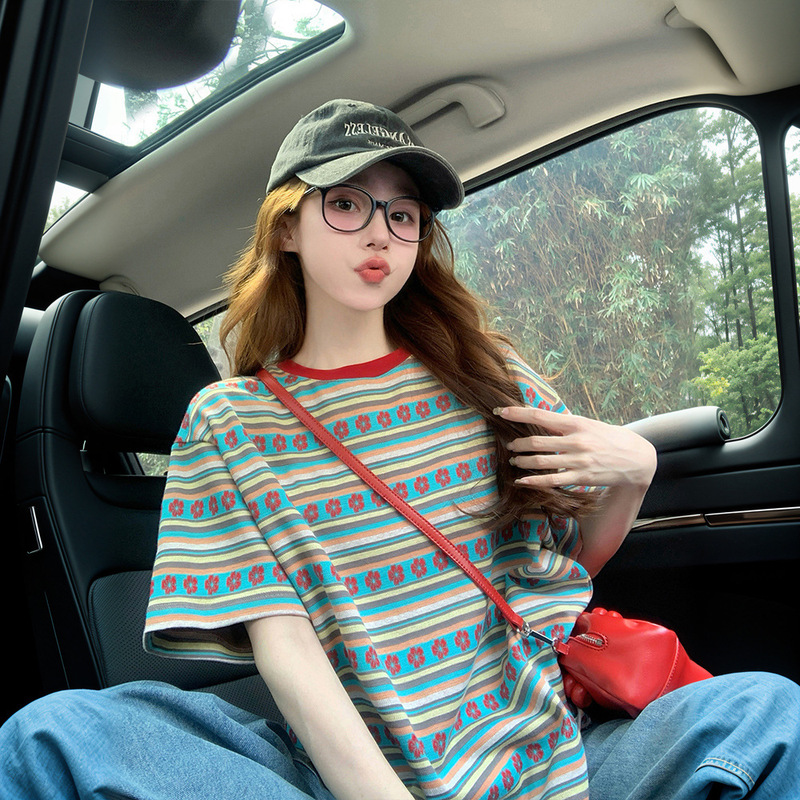 American-style Colorful Striped Loose Short-sleeved T-shirt Women's High-grade Sweet Flower Mid-length Age-reducing Slimming Top Ins
