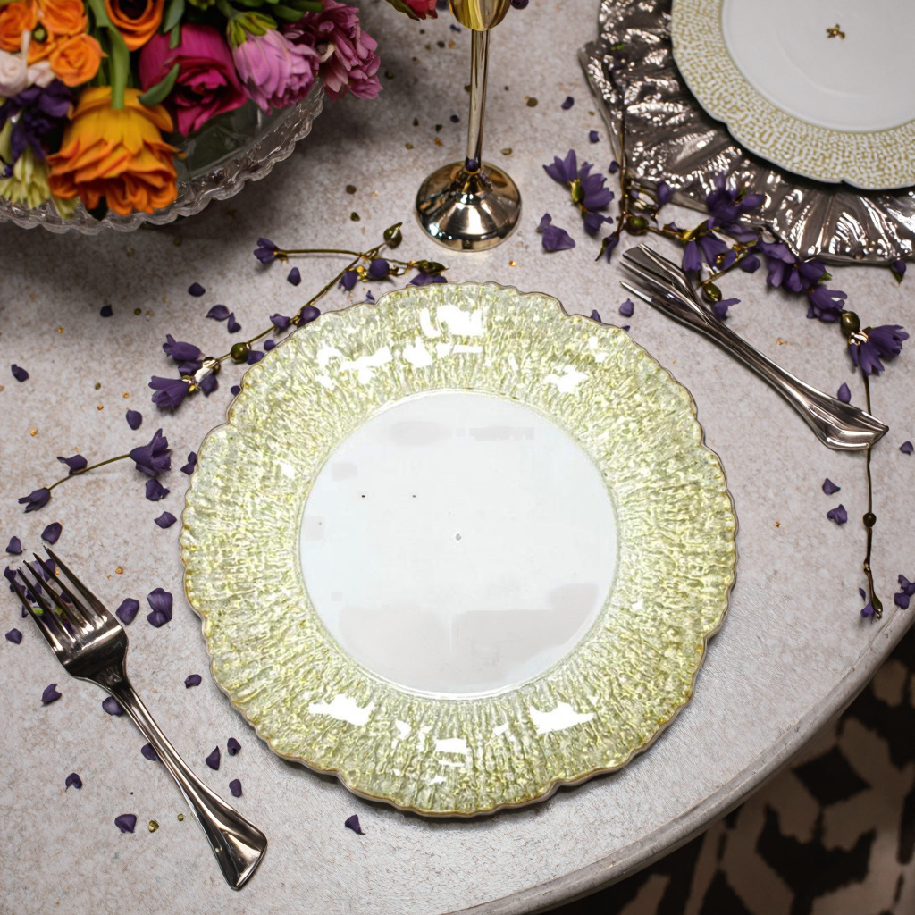 Placa de cargador flor de sol patrón de árbol cristal de plástico chapado en oro bandeja de frutas de plástico cojín de filete de alta calidad