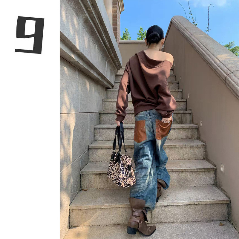 [9Hour] American Personalized Leather Splicing Jeans for Women 2025 Autum Grab Pattern Design Wide Leg Pants 1378