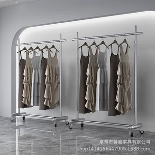 网红女装店不锈钢挂衣架可移动带轮货架直播间挂衣杆服装店展示架