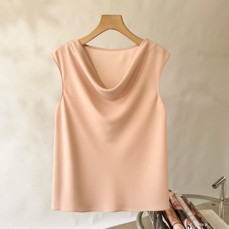 Endi Th Style Light Luxury Triacetate Swing Collar Vest Top for Women, Summer 2026, High-End Pink Sleeveless Shirt