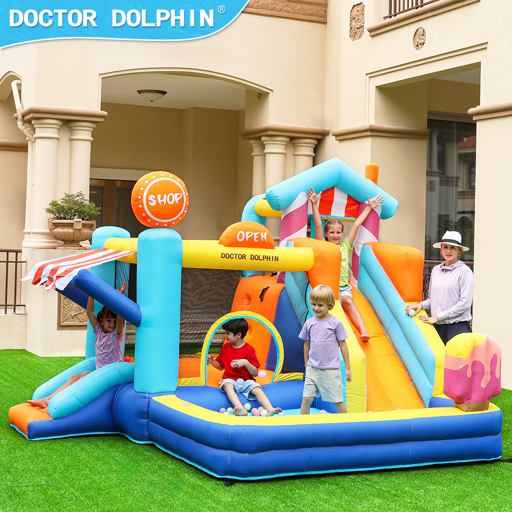 Castillo Inflable Infantil Doctor Dolphin, Castillo Inflable Pequeño para Interiores, Combinación de Tobogán y Trampolín Inflable, Castillo de Parque de Diversiones