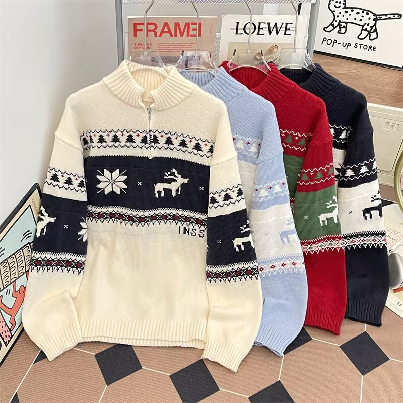 Jacquard de Navidad suelta camiseta de punto casual hombre otoño invierno relajado pareja de viento polo suéter de cuello de moda mujer