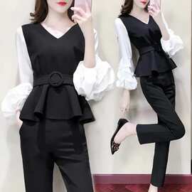 欧美跨境大码女装胖mm遮肚套装女时尚新款职业春秋季泡泡袖两件套