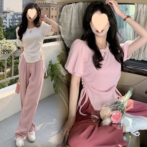 Summer Sporty Casual Set for Women, Hot Girl Style, Drawstring Top + High-Waisted Wide-Leg Pants, Versatile Student Two-Piece Set