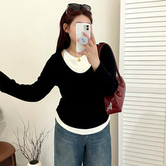 大码女装设计感撞色假两件上衣2025秋胖mm休闲气质针织衫女23179