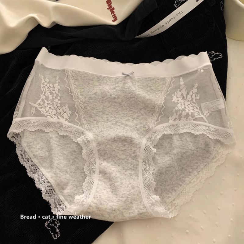 7A Antibacterial Sweet Lace Women's Pure Cotton Panties Full-Length A-Class Baby Cotton Extended Crotch Mid-Waist Hip-Hugging Panties