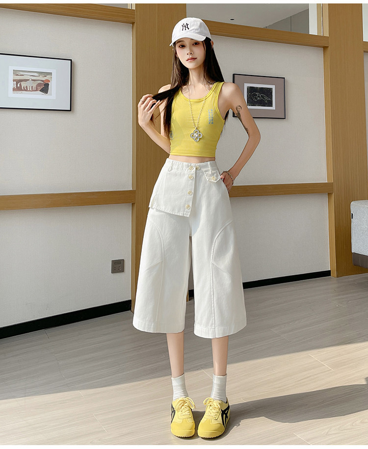 Quần culottes nữ ống rộng cạp cao dáng suông vải cotton — màu trắng chi tiết 14