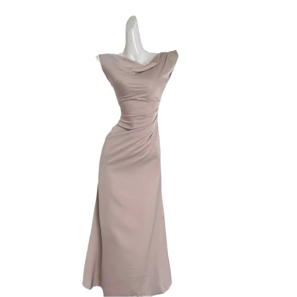 Roupas femininas Vestido de gola alta ombro a ombro estilo francês saia rabo de peixe cintura três cores verão 2024_voghion.com
