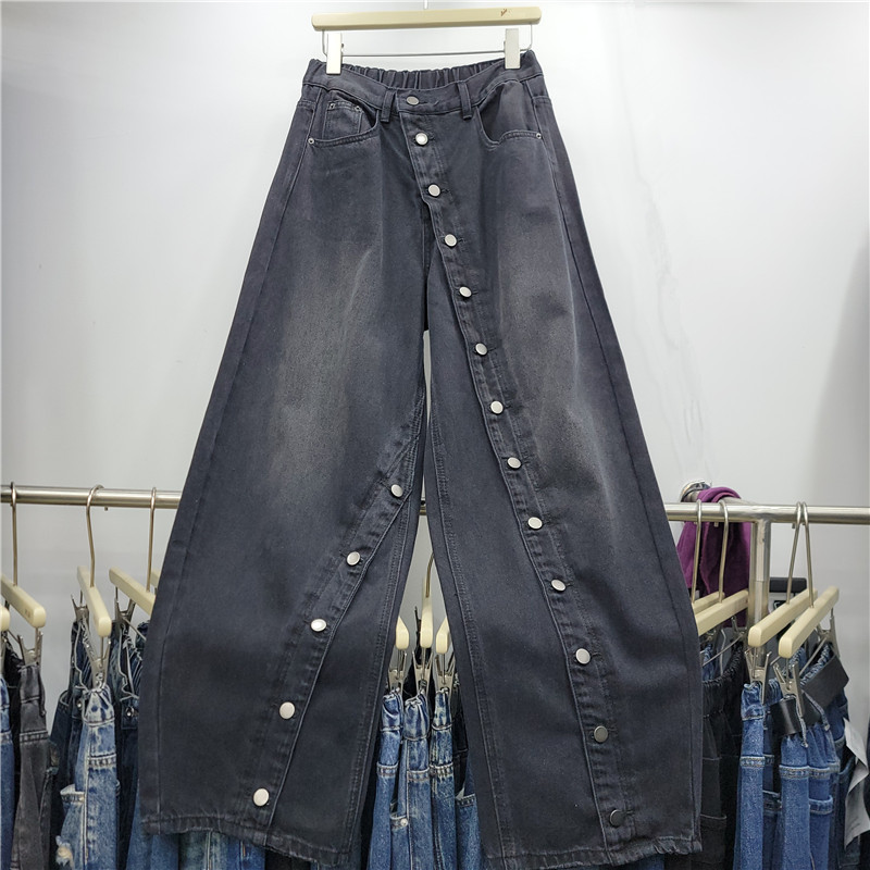 Stylish diagonal placket buttoned denim wide-leg pants for women, vintage gray high-waisted, drapey, loose, and unique long pants Stylish diagonal placket buttoned denim wide-leg pants for women, vintage gray high-waisted, drapey, loose, and unique long pants