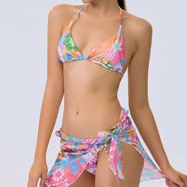 2024爆款bikini欧美外贸新款时尚印花泳衣三件套女式泳装一件代发