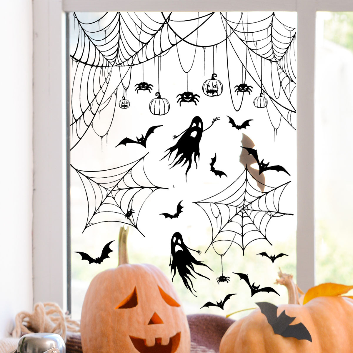 Halloween Bat And Spider Web Window Wall Sticker Removable_voghion.com