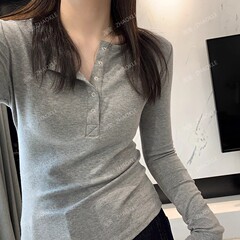 A298292慕斯绒弹力打底衫亨利领扣子修身显瘦极简风长袖T恤