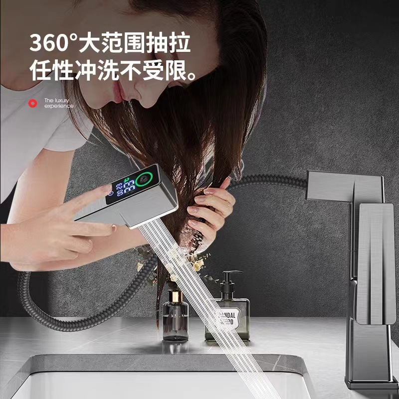 Grifo de lavabo con pantalla digital, giratorio 720 grados, extraíble, para baño, con agua fría y caliente, de doble uso.