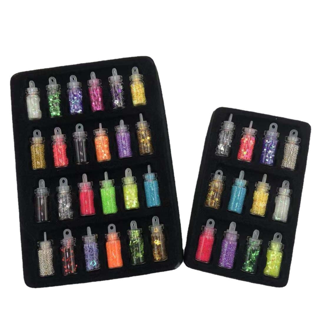 Directo de fábrica 24-color botella de vidrio brillo lentejuelas hexagonal joyería de uñas paquete de material de relleno Delgado