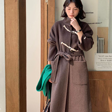 6154秋冬复古长款牛角扣大衣宽松显瘦日常百搭氛围感毛呢外套女