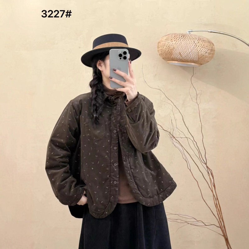 灯芯绒棉衣女 2025秋冬新款复古文艺宽松翻领加薄棉外套 3227|undefined