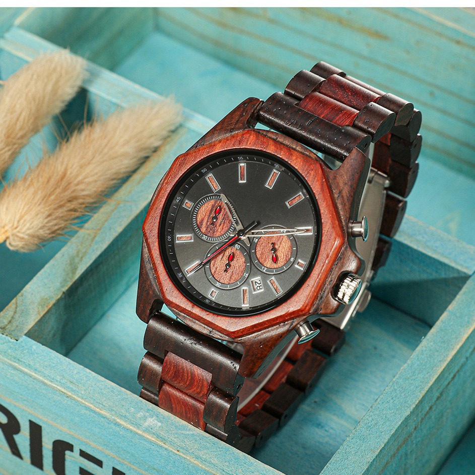 Reloj de cuarzo de madera de sándalo multifuncional creativo, el más vendido en el sitio independiente de Amazon, reloj de madera para hombre con esfera grande