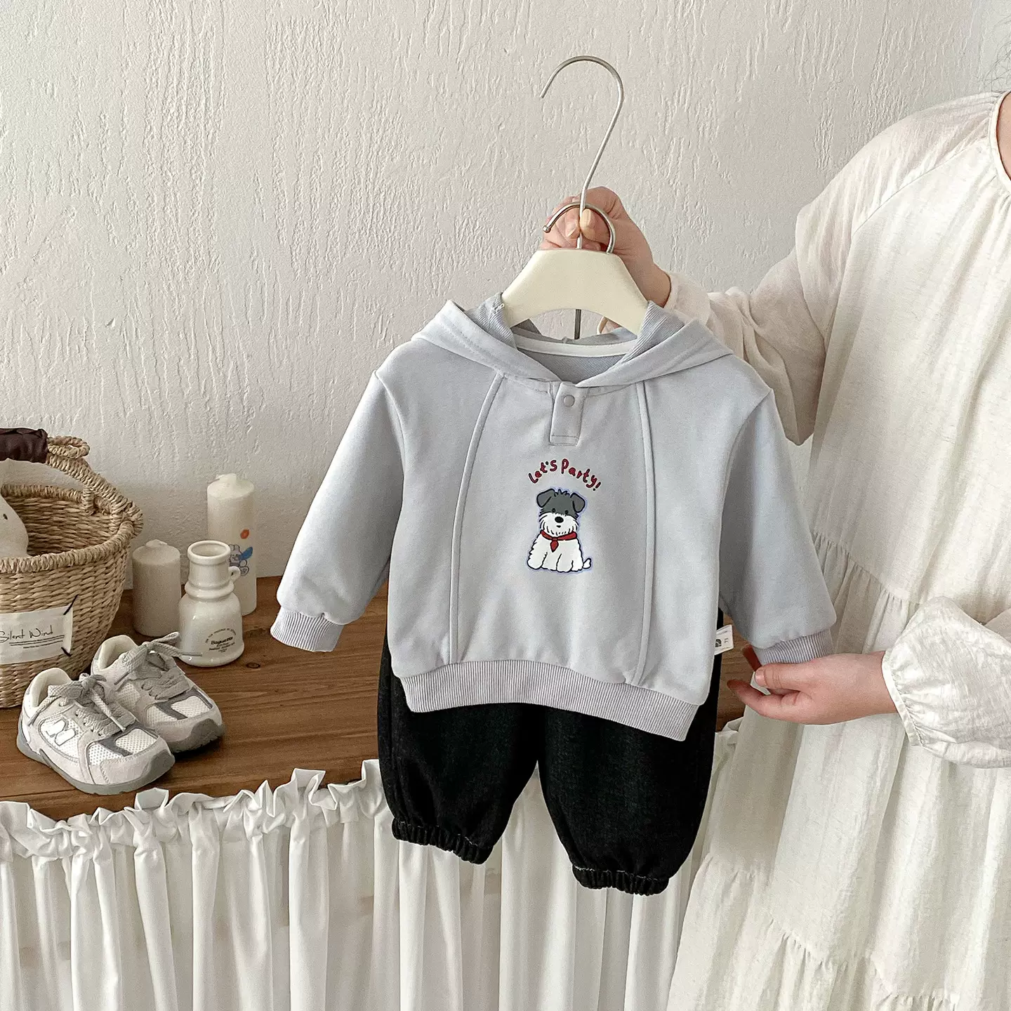 点兮春季新款婴幼儿卡通连帽卫衣套装男宝宝上衣针织牛仔裤两件套