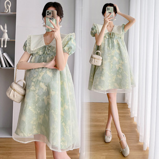 2023 Pregnant Women's Summer Dress New Korean-style Fairy Sweet Age-reducing Belly Mesh Lace Stitching Dress