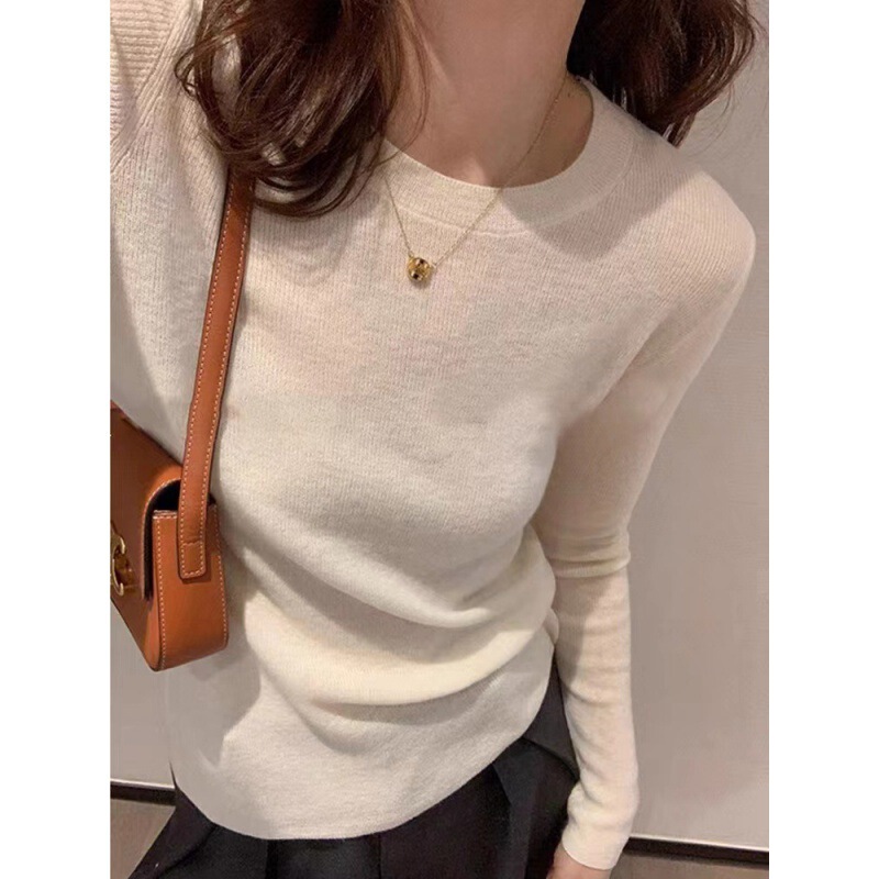 Solid Color Slim Shoulder Wool Inner Base Shirt Women's Spring and Autumn High-end Soft Waxy Knitted Sweater Slim-fit Top