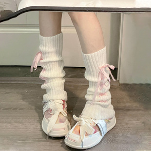 Cross Strap Socks Japanese Cute JK Socks Women's Autumn and Winter Knitted Butterfly Pattern Leg Cover White Stacked Socks