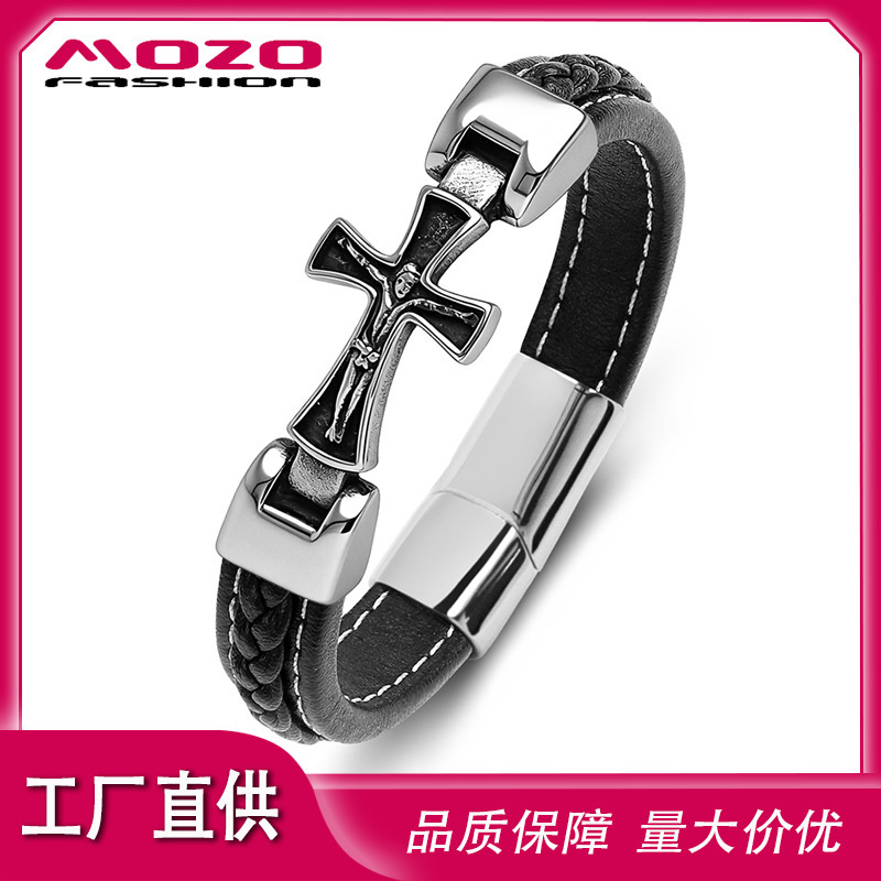 Cross-Border Classic Best-Selling Religious Totem Cross Stainless Steel Men's High-End Leather Bracelet, Supports Customization Cross-Border Classic Best-Selling Religious Totem Cross Stainless Steel Men's High-End Leather Bracelet, Supports Customization