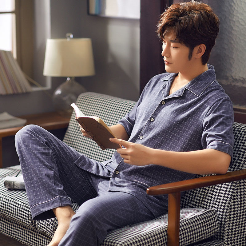 Pantalones de manga corta de verano 100% pijamas de algodón fino ocio traje de hombre de mediana edad y ancianos homewear