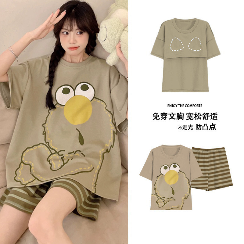 Pajamas Women's Summer Short-sleeved Shorts Cute Cartoon Women's Loose plus size Outwear Home Clothes with Chest Pad suit Pajamas Women's Summer Short-sleeved Shorts Cute Cartoon Women's Loose plus size Outwear Home Clothes with Chest Pad suit