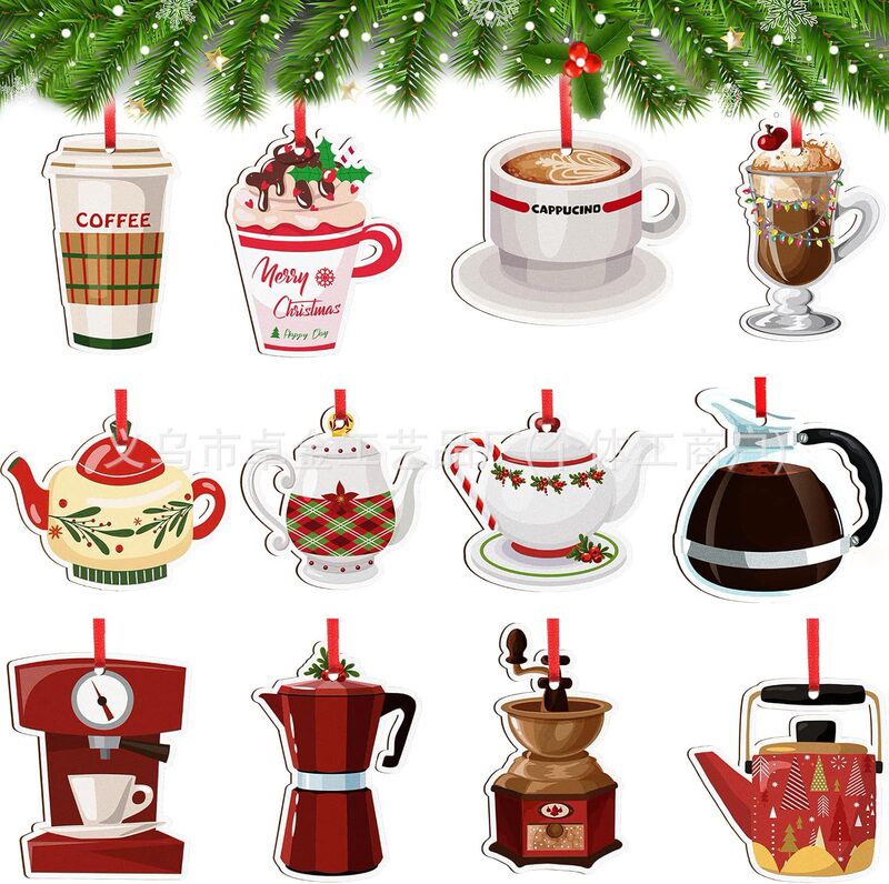 12Pcs Christmas Coffee Cup and Tea Hanging Wood Carved Decor Ornaments Christmas Tree Party Holiday Home Decoration
