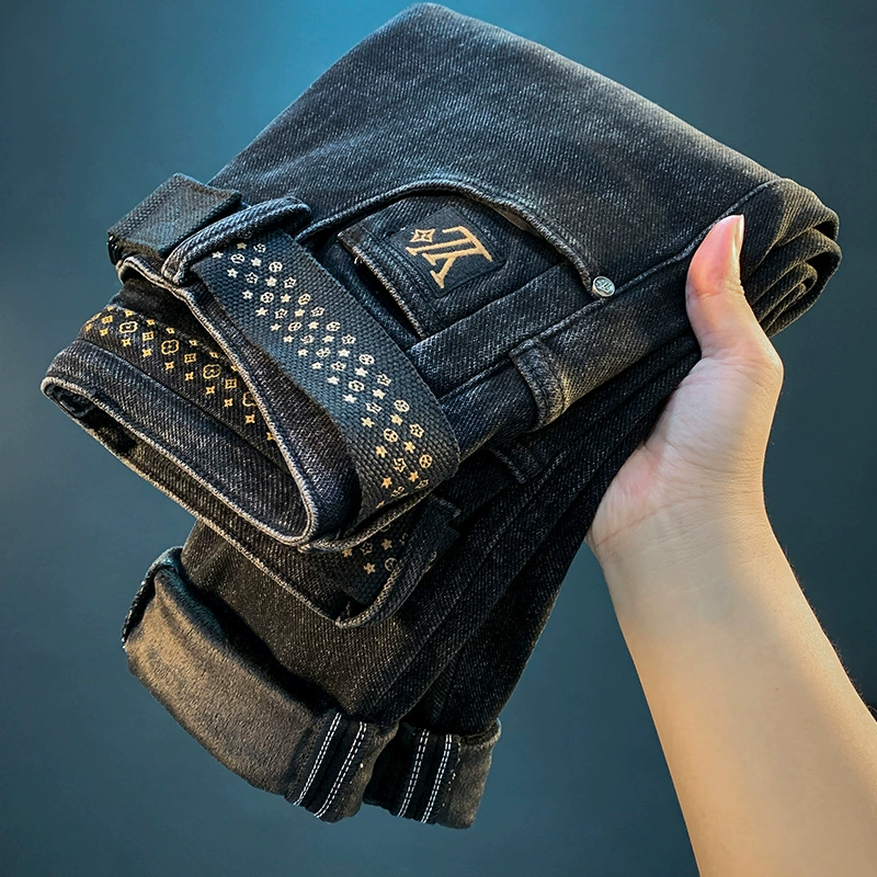 Высокие роскошные джинсы мужские зимние 2024 года плюшевые толстые повседневные вышитые теплые брюки стройные мужские брюки