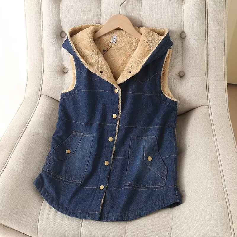 Fleece-lined thick lambswool cotton vest Women's Mid-length vest coat autumn and winter New loose Denim vest